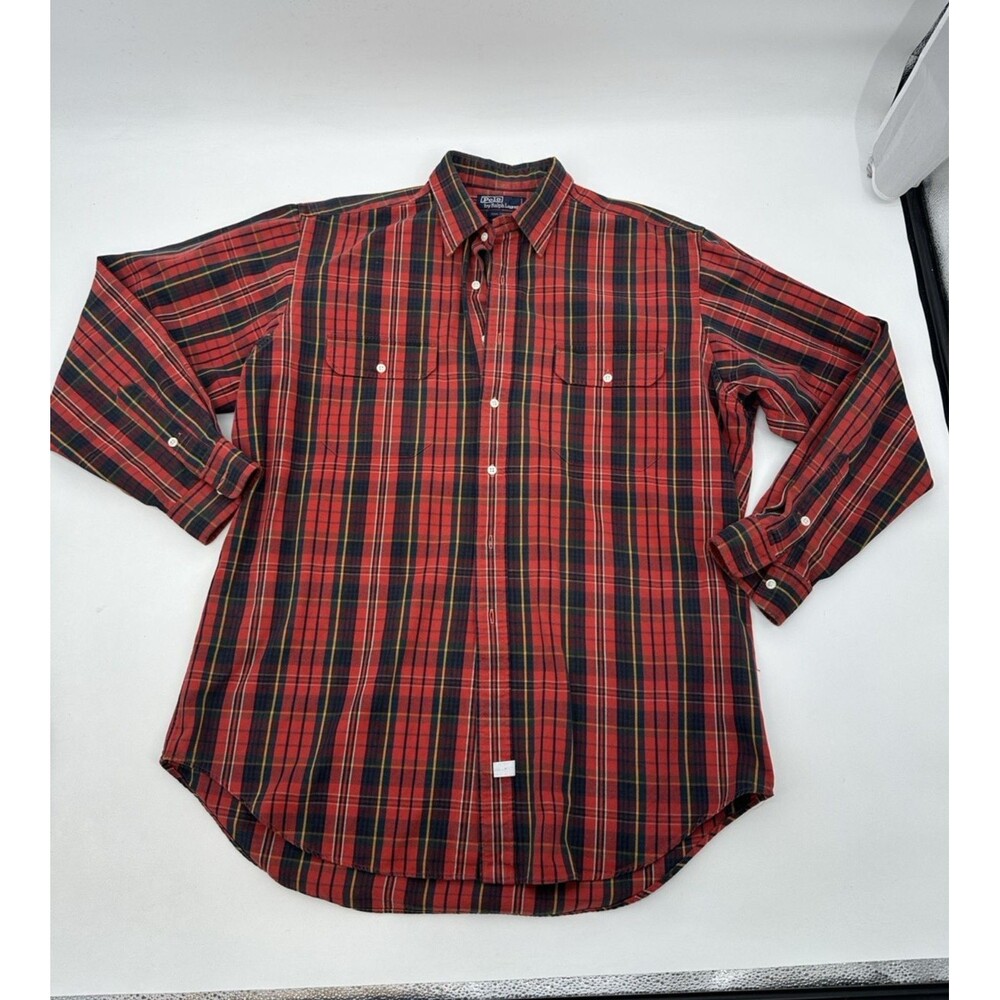VTG Polo Ralph Lauren red black plaid Cotton heavy cotton shirt Mens Large